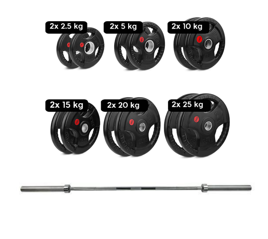 Set Dischi 155kg + Bilanciere Olimpico 50mm Portata fino a 340kg 220cm Palestra Gym Impugnatura Antiscivolo Peso Fisso